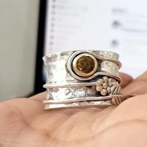 Gehämmerter Sterlingsilber-Breitbandring mit Perle, Blattdesign, Boho-Schmuck Citrin