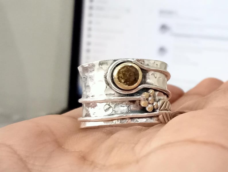 Gehämmerter Sterlingsilber-Breitbandring mit Perle, Blattdesign, Boho-Schmuck Citrin