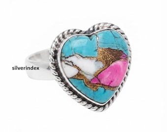 Cotton Candy Turquoise Ring, Heart Shape Gemstone Band Ring, 925 Sterling Silver, Handmade Jewelry