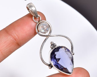 Pendentif fait main améthyste et pierre de lune, argent sterling 925