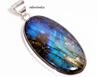 ラブラドライトペンダントネックレス、スターリングシルバー、ブルー
