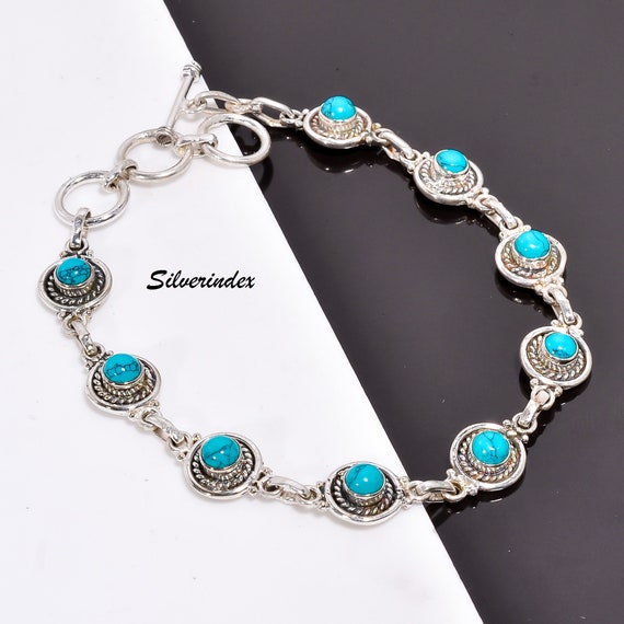 Sterling Silver Turquoise Bracelet, Round Gemstone, Handmade
