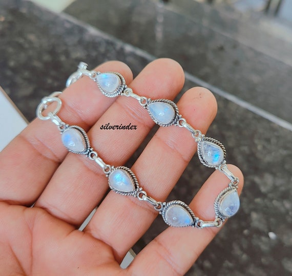 Rainbow Moonstone Sterling Silver Bracelet Handmade Jewelry