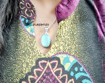 Blue Chalcedony Pendant: Oval Stone, 925 Sterling Silver Necklace