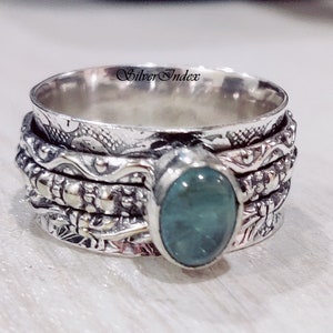 Aquamarine Sterling Silver Spinner Ring, Floral Band, Meditation Ring