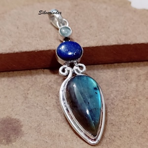 Tear Drop Labradorite Pendant, Three Stone 925 Sterling Silver Necklace, Gemstone Pendant For Women, Silver Necklace/ Pendant Jewelry....