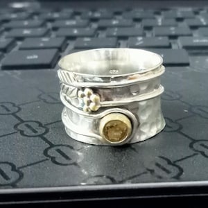 Hammered Sterling Silver Wide Band Ring With Pearl, Leaf Design, Boho ...