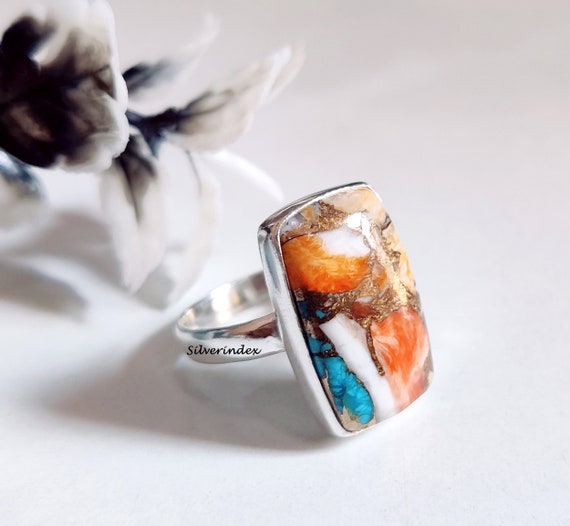 スターリングシルバーのオイスター銅ターコイズリング、ボヘミアン