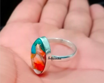 Spiny Oyster Copper Turquoise Ring - 925 Sterling Silver Ring - Handmade Ring -Marquise Ring - Oyster Shell Turquoise Marquise -Gift For Her