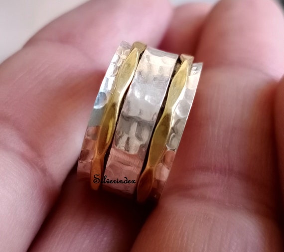 Spin Ring with Three Gold Spinning Bands Hammered Antiqued Sterling Silver Spin Ring with Three Gold Spinning Bands Hammered Antiqued Sterling Silver
