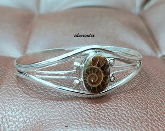 Ammonite Fossil Sterling Silver Bangle, Adjustable Cuff Bracelet