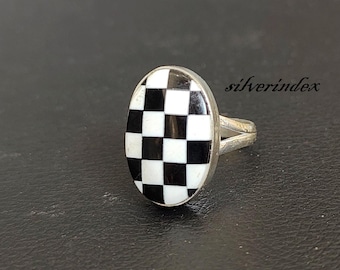 Black With White Checkerboard Cabochon * 925 Sterling Silver Handmade Jewelry * Unique Band