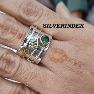 Gehämmerter Sterlingsilber-Breitbandring mit Perle, Blattdesign, Boho-Schmuck Smaragd