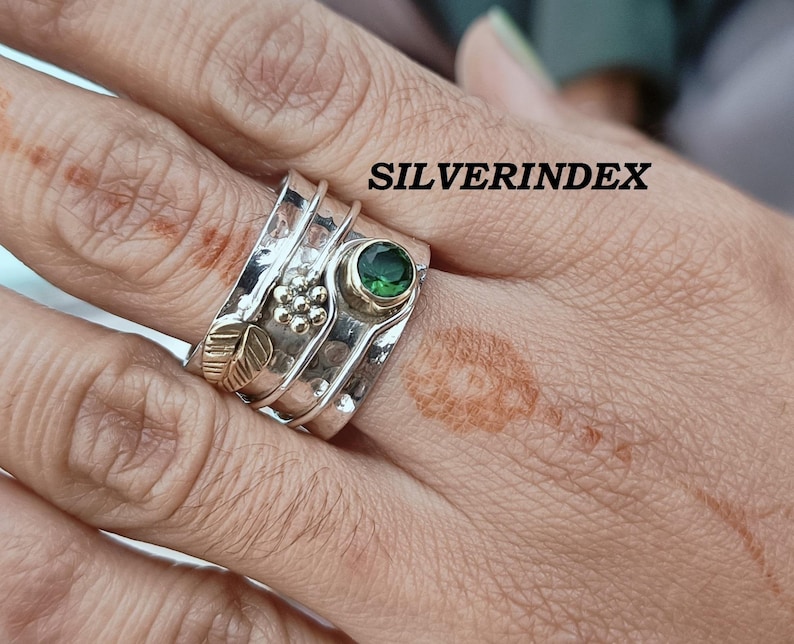 Gehämmerter Sterlingsilber-Breitbandring mit Perle, Blattdesign, Boho-Schmuck Smaragd
