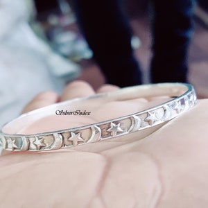 Star & Moon Symbol Sterling Silver Bangle, Bracelet For Men and Women, Thick Bangle, Bangle Jewelry, Unique Gift Bangle, Designer Bracelet