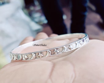 Sterling Silver Star and Moon Bangle, Celestial Jewelry