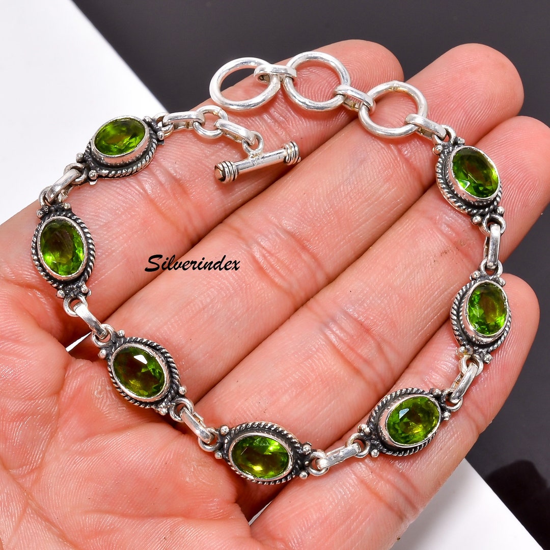 Bracelet En Péridot Vert Ovale - Pierres Précieuses Créées En Lab - Argenté