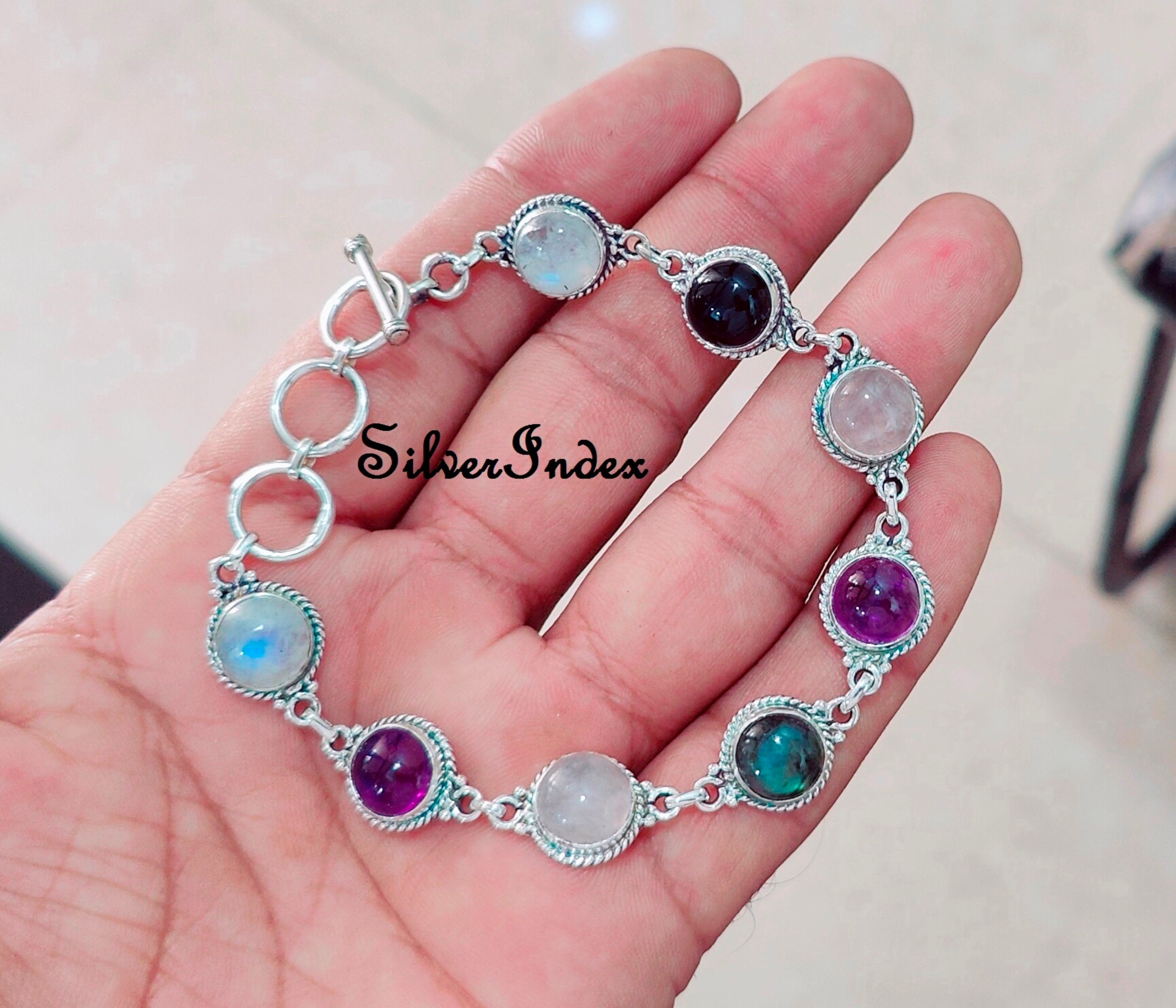 Multi Stone Sterling Silver Bracelet, Five Round Shape