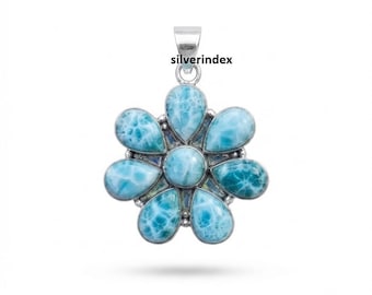 Larimar Gemstone Pendant*925 Sterling Silver*Handmade Jewelry*Pear Shape*Flower Design Pendant