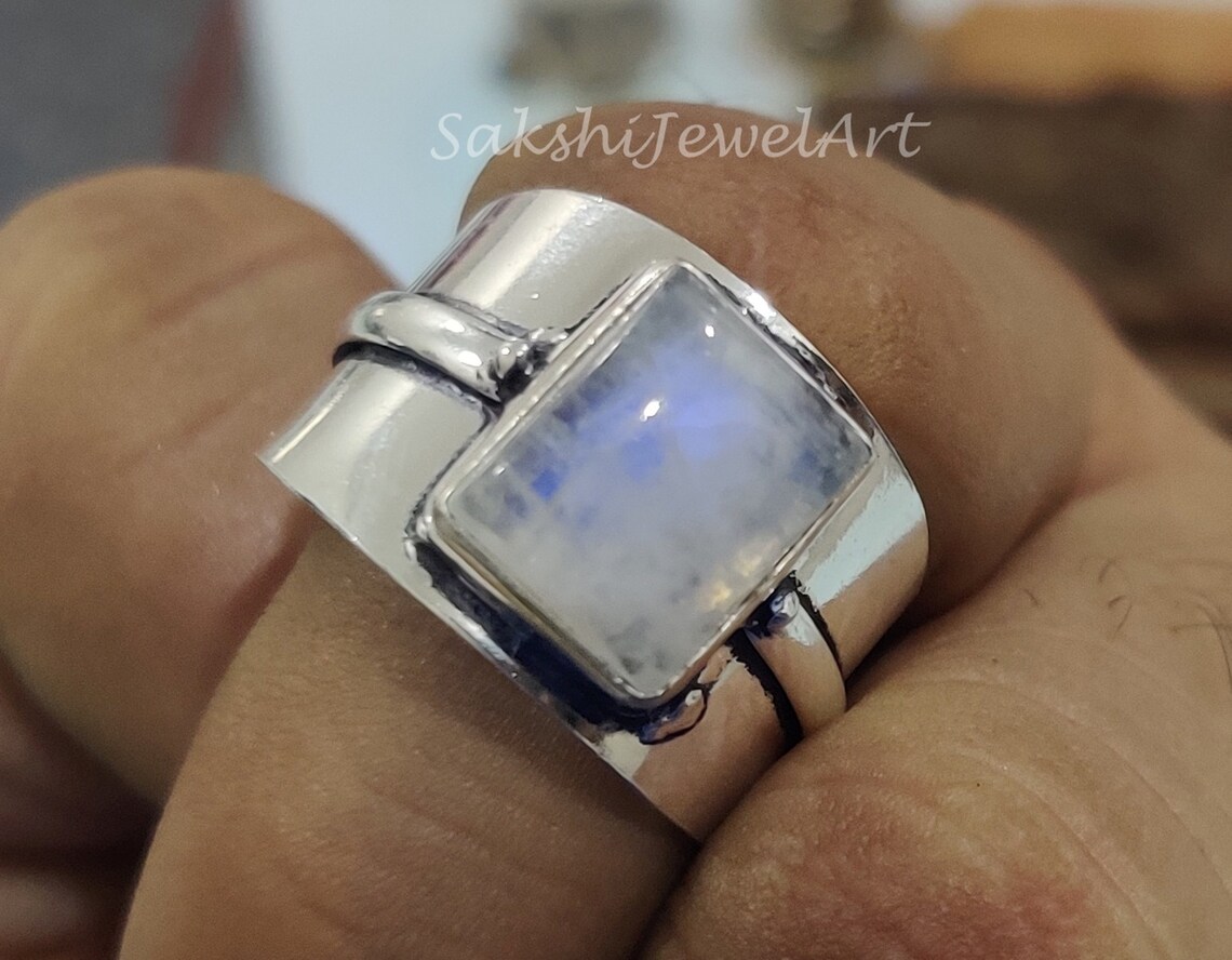 Moonstone Wide Band Ring Fire Stone Ring Sterling Silver Etsy