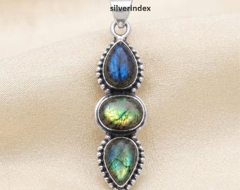 Labradorite Pendant, 925 Sterling Silver, Three Stone, Pear and Oval Shape Gemstone Pendant, Gift