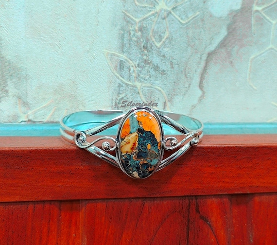 Maligano Jasper Sterling Silver Bangle, Adjustable Cuff Bracelet