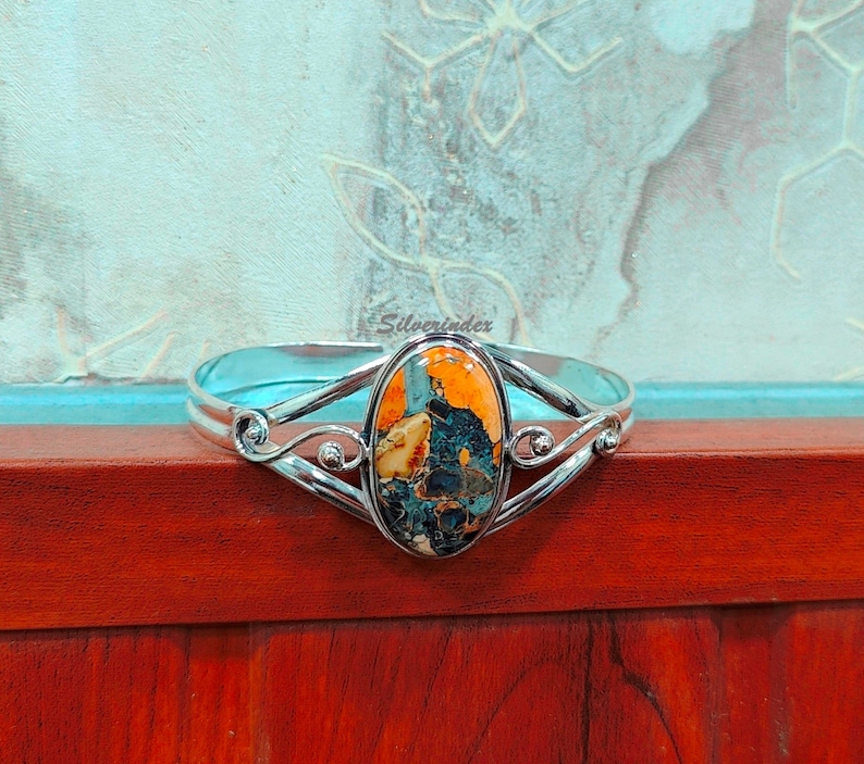 Natural Maligano Jasper Sterling Silver Bangle, Adjustable Cuff Silver Bangle / Bracelet,  Jasper Bangle For Women, Christmas/Valentine Gift