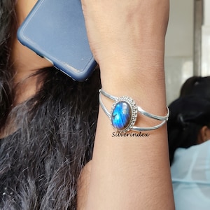 Cuff Bangle in Silver and Labradorite, Beautiful Bangle , Bangle Jewelry For Women, Birthday Gift Bangle, Handmade Adjustable Bangle