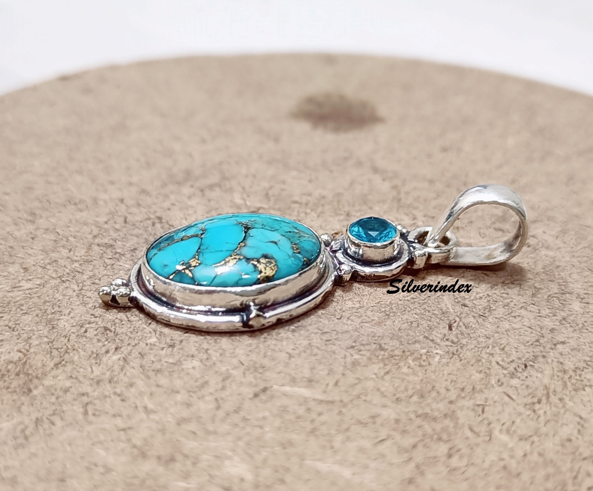 ハンドメイド銅製ターコイズペンダント、ブルートパーズ、925