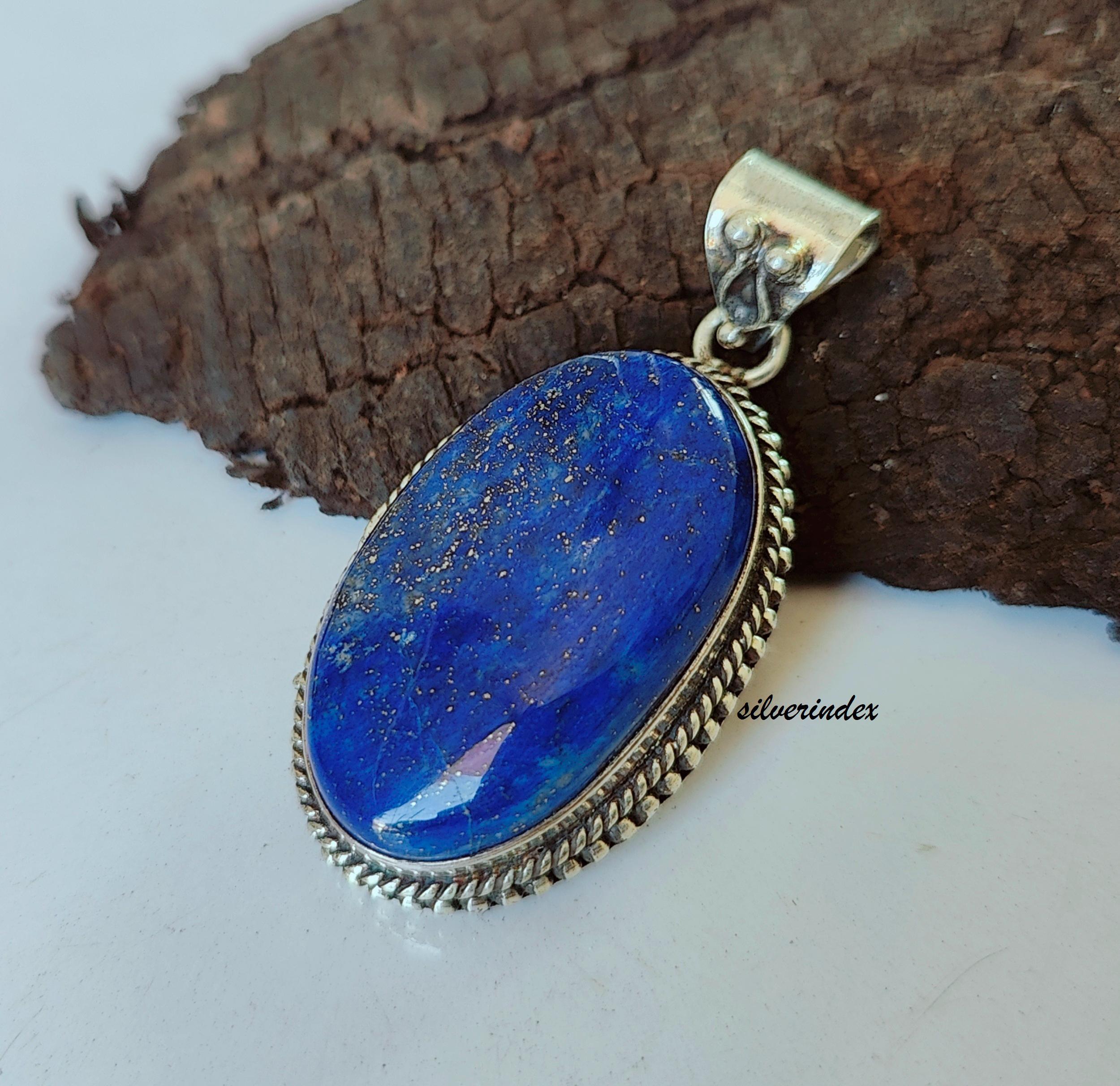 Collier Fait Main En Argent Sterling 925 Avec Pierre Lapis-Lazuli Naturelle – 45 Cm, Chaîne Curb Link