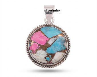 Cotton Candy Turquoise Pendant, 925 Sterling Silver, Women Designer Jewelry, Round Shape, Gifts Items