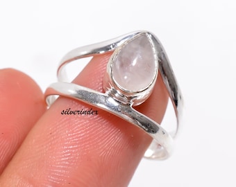 Sterling Silver Moonstone Ring, Pear Cut, Bohemian Handmade Jewelry