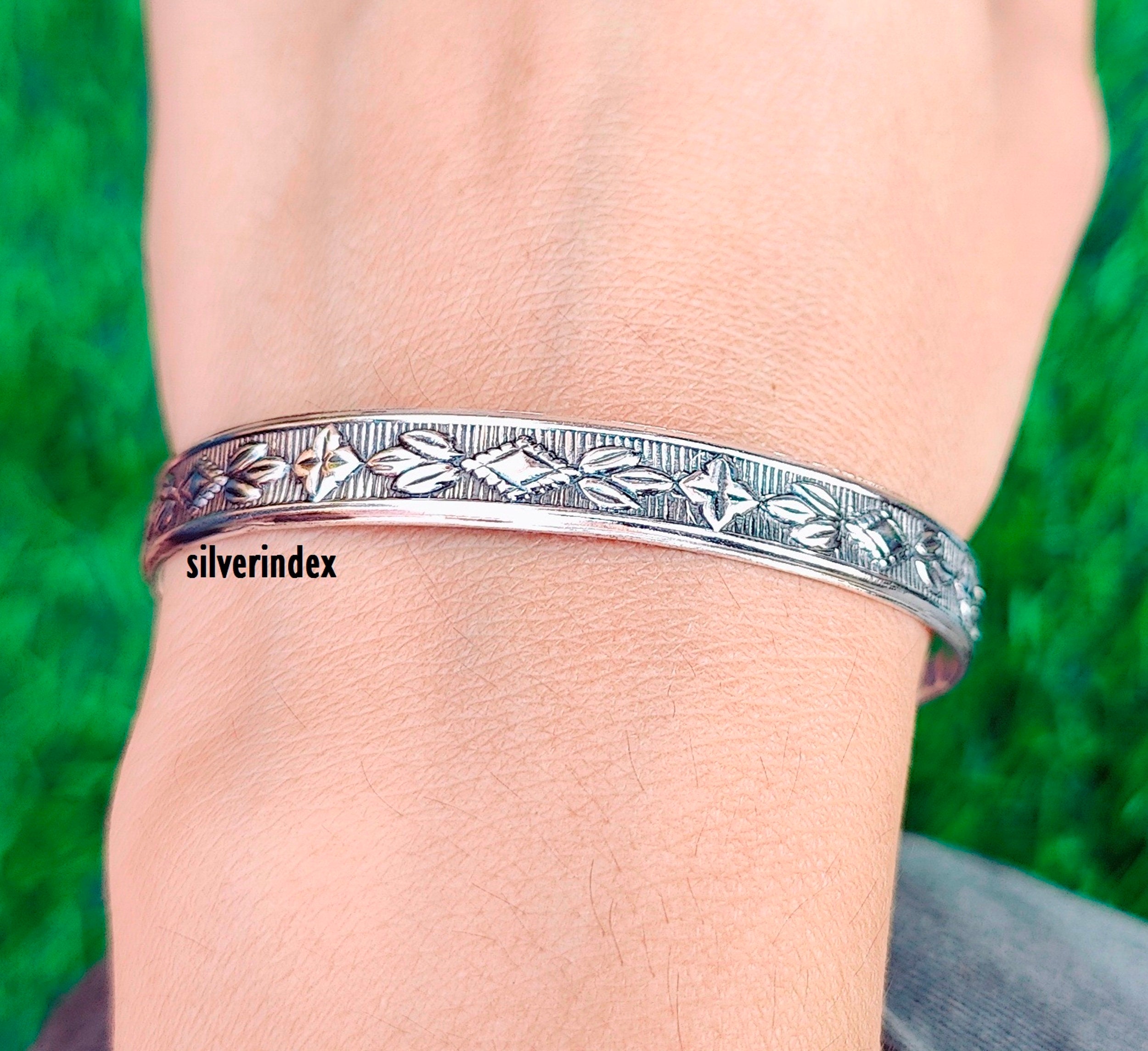 Oxidized Sterling Silver Leaf Bangle, Handmade Floral Design - Etsy