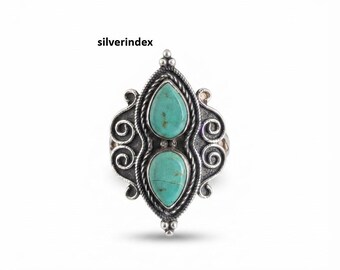 Kingman Mohave Turquoise Ring, Designer Handmade Jewelry, 925 Sterling Silver, Pear Shape Gemstone Ring