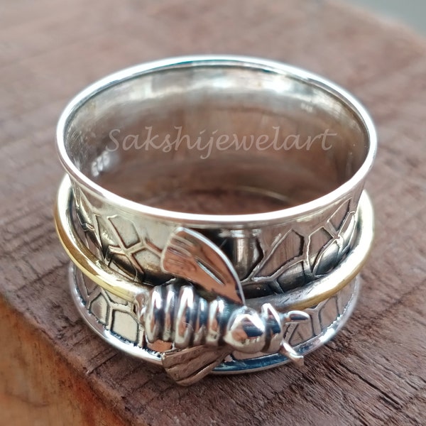 Handmade Sterling Silver Bee Spinner Ring: Meditation Fidget Ring