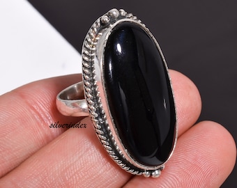 Black Onyx 925 Silver Ring: Handmade Boho Thumb Ring,  Black Gemstone Ring Jewellery, Valentin's Day gift for her