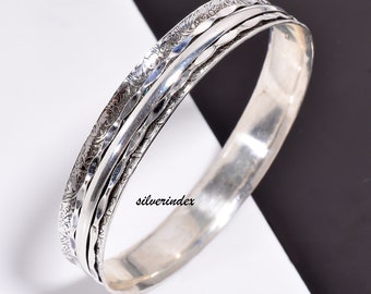 Sterling Silver Spinner Bangle, Hammered Flower Design, Stackable