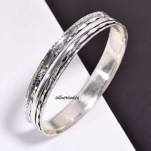Sterling Silver Spinner Bangle, Hammered Flower Design, Stackable