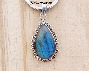 Boho-peer labradoriethanger, handgemaakte 925 zilveren ketting