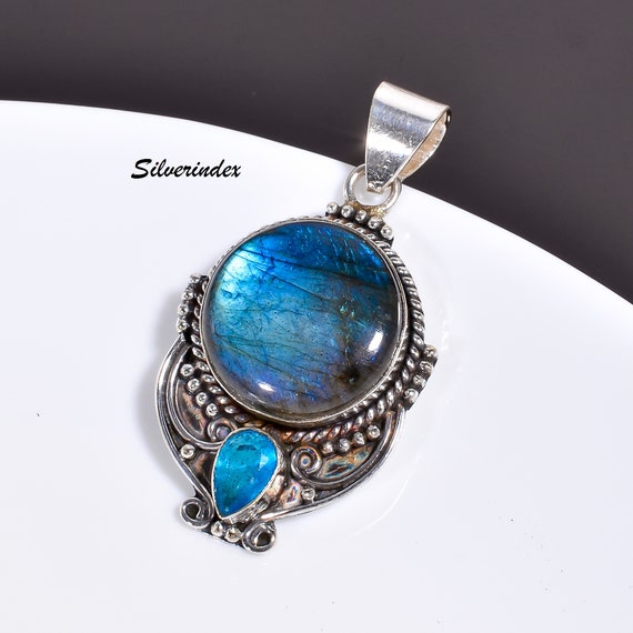 Pendentif Labradorite Argent + Chaîne Plaqué Argent – Création Unique Atelier Lunaire