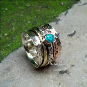 Turquoise Spinner Ring, 925 Sterling Silver, Three Tone Spinner, Meditation Ring, Engagement Ring, Silver Spinner Ring, Gift For Her