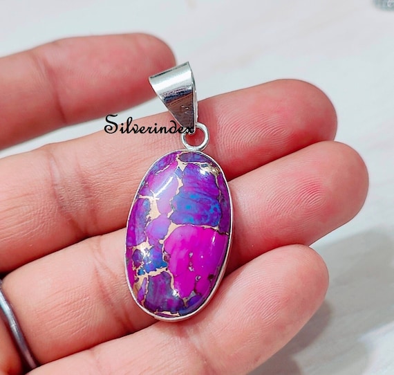 Purple Copper Turquoise Pendant: 925 Sterling Silver Boho Necklace