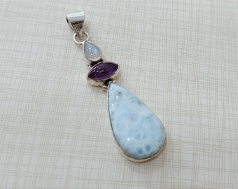 Larimar  Amethyst  Moonstone Sterling Silver Pendant, Handmade Boho Jewelry * Gift For New Year