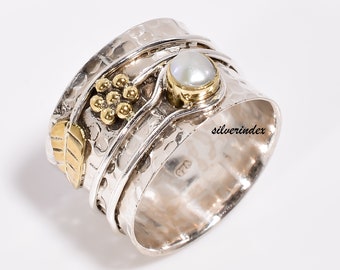 Hammered Sterling Silver Wide Band Ring with Pearl, Leaf Design, Boho Jewelry