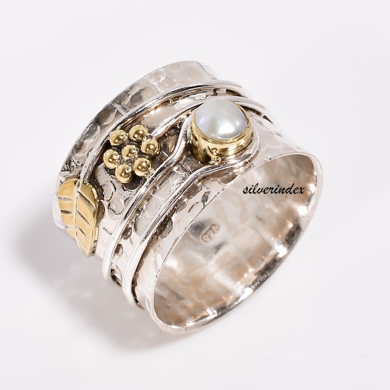 Hammered Sterling Silver Wide Band Ring with Pearl, Leaf Design, Boho Jewelry
