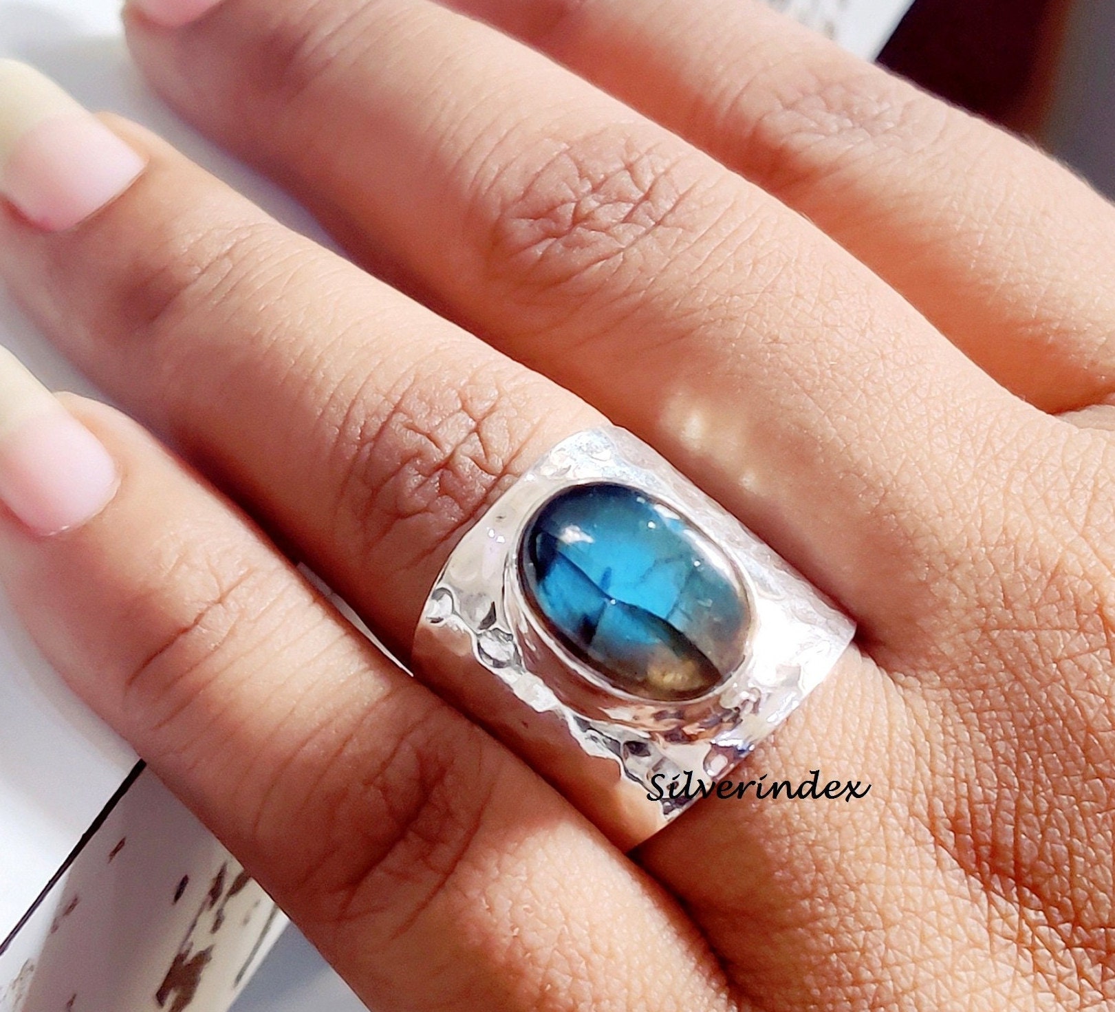 Wide Band Labradorite 925 Silver Ring, Boho Thumb Ring - Etsy UK