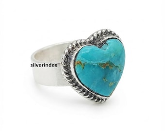 Kingman Mohave Turquoise Ring,  925 Sterling Silver, Designer Handmade Jewelry, Heart Shape Gemstone Ring