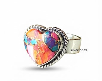 Pink Copper Turquoise Ring, 925 Sterling Silver, Band Ring, Heart Shape Gemstone, Gift Item