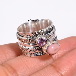 Pink Opal Ring, 925 Silver Sterling Ring, Rose Quartz Ring, Spinner Ring, Oval And Round Two Gemstone Ring, Handmade Ring,Meditation  Ring,
