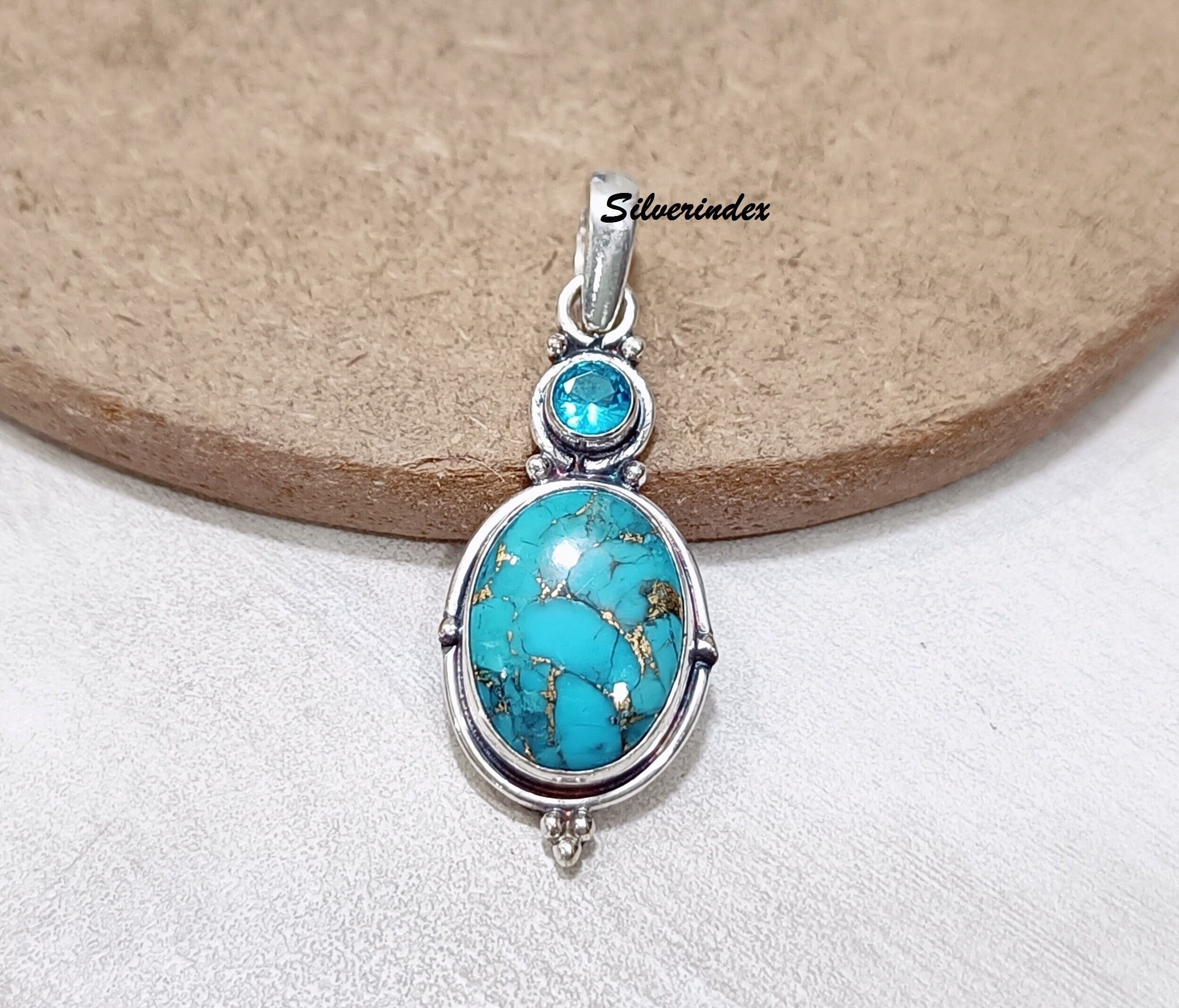 ハンドメイド銅製ターコイズペンダント、ブルートパーズ、925